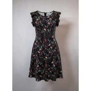 LOFT Petites Black Floral Ruffle Sleeve Keyhole Back Shift Dress MP